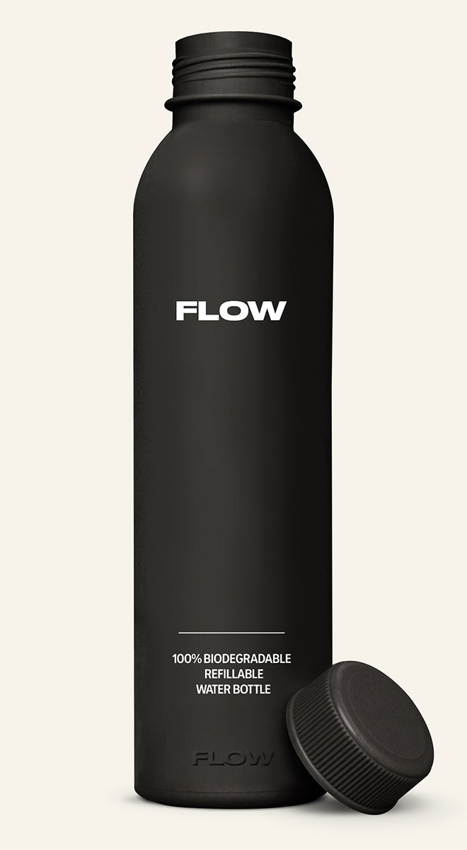 Black FLOW® biodegradable water bottle — sleek, minimalist design made from plant-based material.