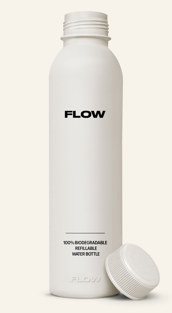White FLOW® biodegradable water bottle — sleek, minimalist design made from plant-based material.
