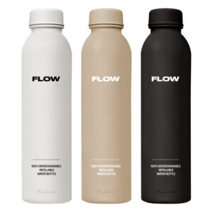 Buy 3-pack of black, white and bamboo natural FLOW® biodegradable water bottle — sleek, minimalist design made from plant-based material.