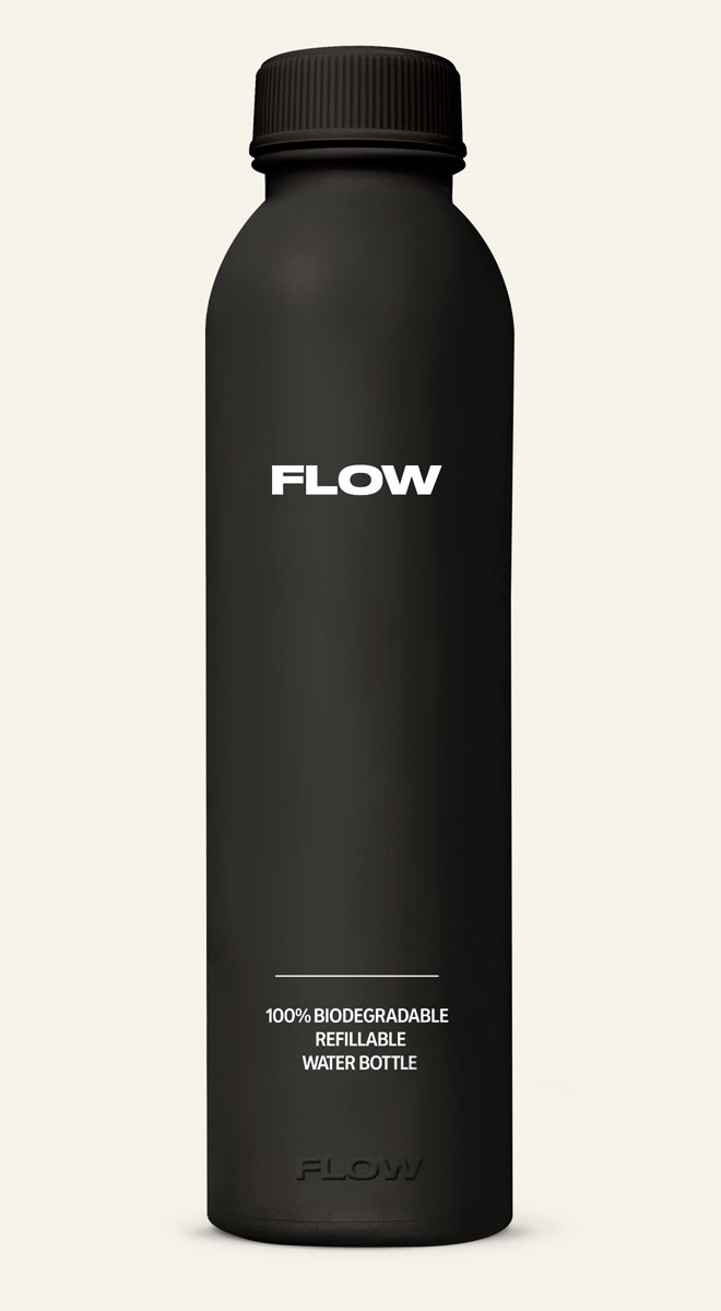 Black FLOW® biodegradable water bottle — sleek, minimalist design made from plant-based material.