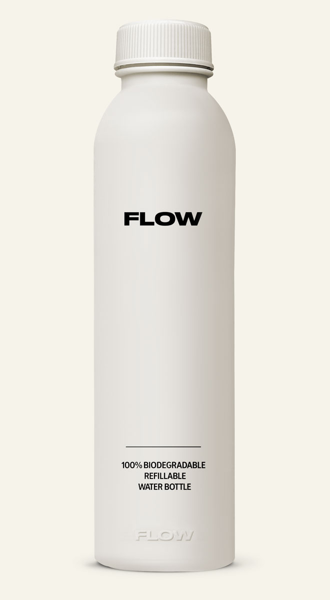 White FLOW® biodegradable water bottle — sleek, minimalist design made from plant-based material.