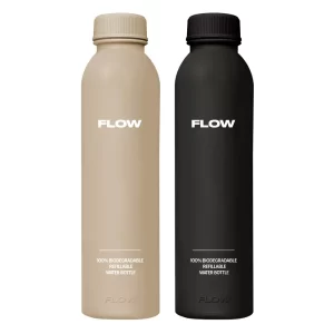 Buy 2-pack of black and bamboo natural FLOW® biodegradable water bottle — sleek, minimalist design made from plant-based material.