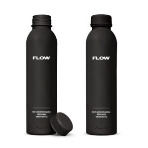 Buy 2-pack of black FLOW® biodegradable water bottle — sleek, minimalist design made from plant-based material.